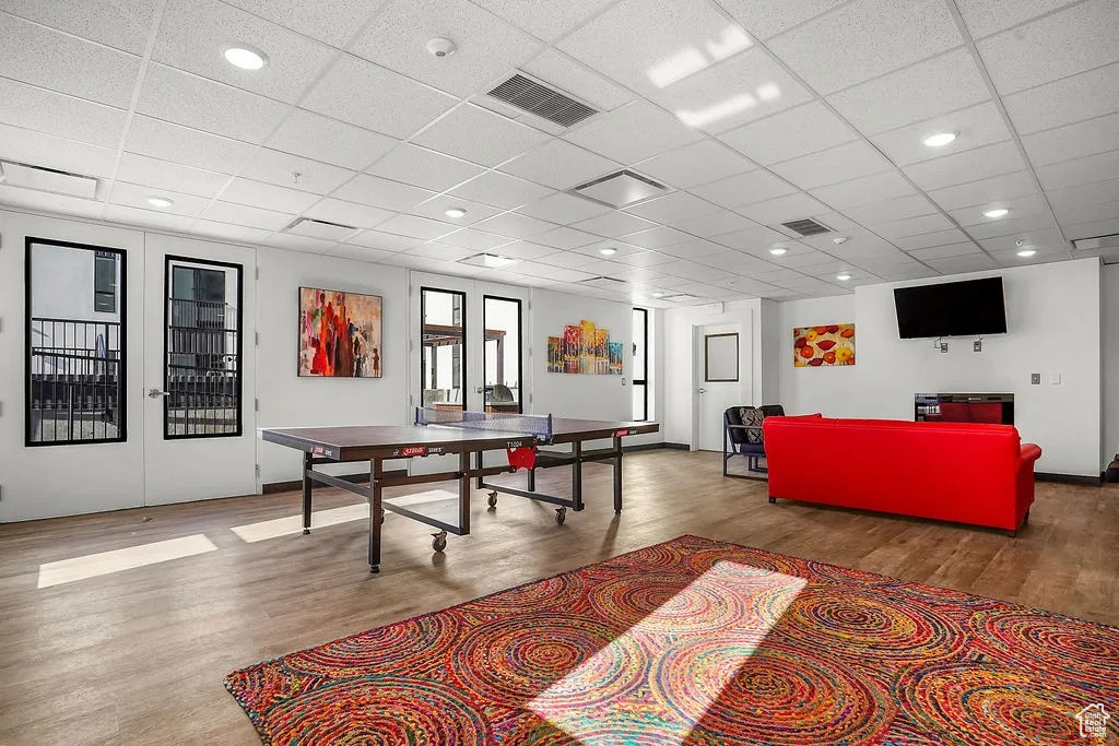 Playroom with wood finished floors and recessed lighting