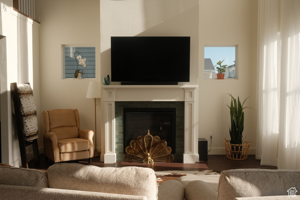 Living area featuring a fireplace and wood finished floors