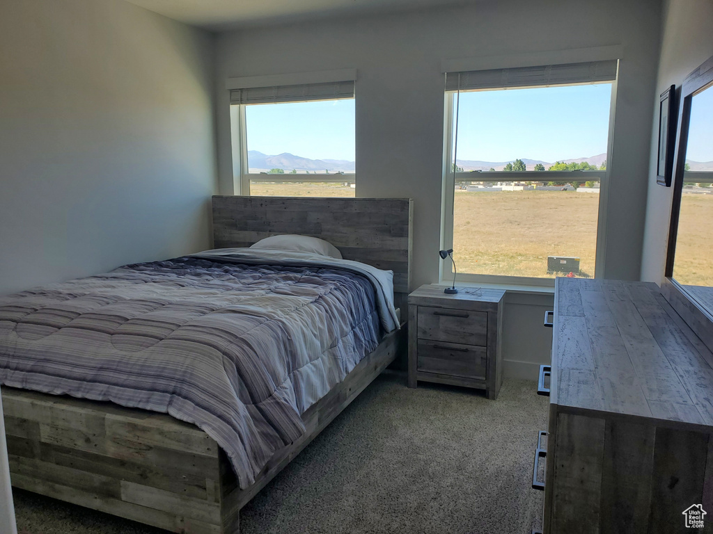 Carpeted bedroom featuring a mountain view