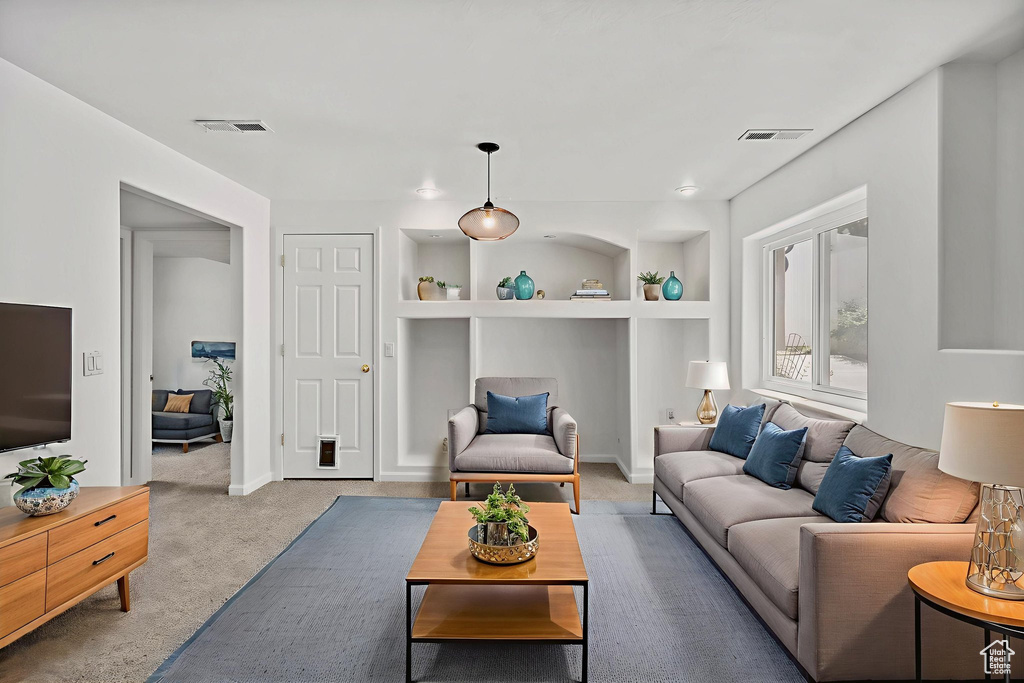 Carpeted living area with built in shelves