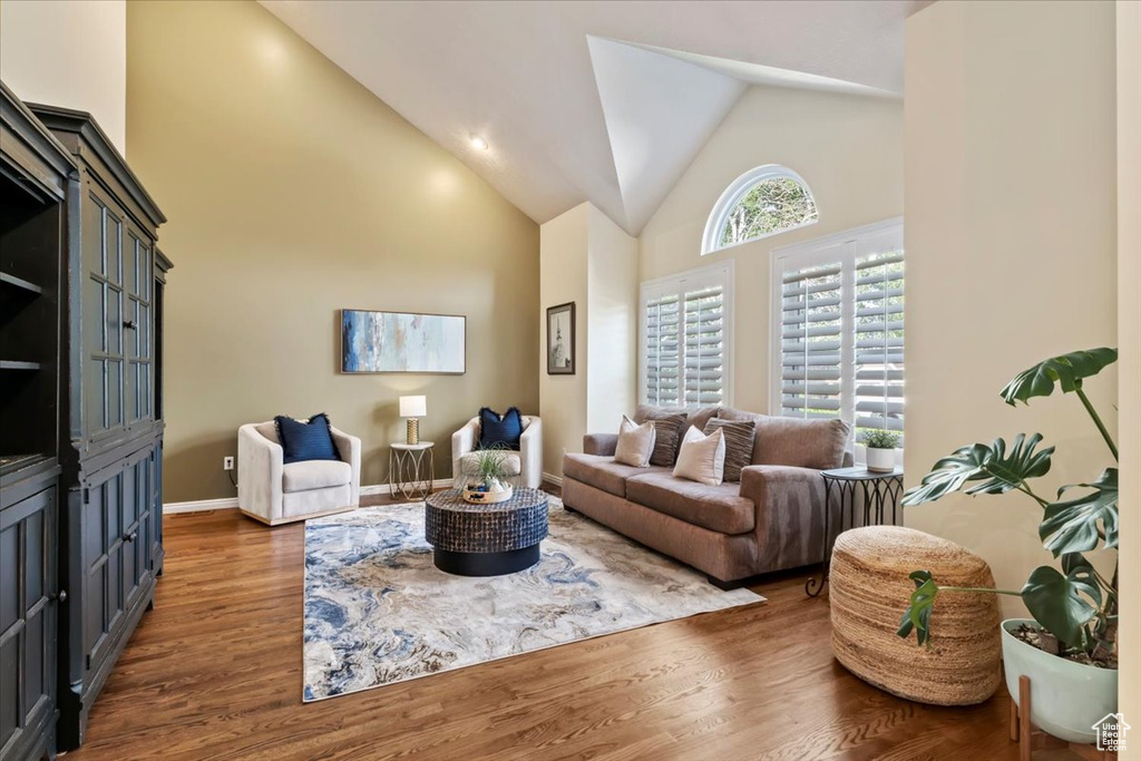 Living area featuring dark wood-style floors and high vaulted ceiling