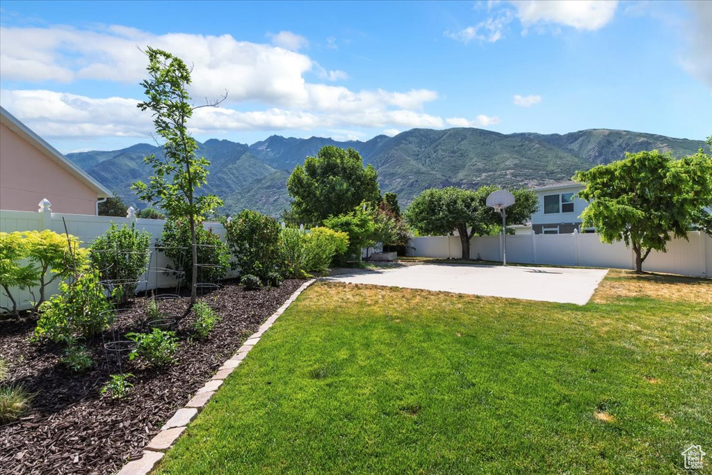 Fenced backyard with a mountain view and a patio area