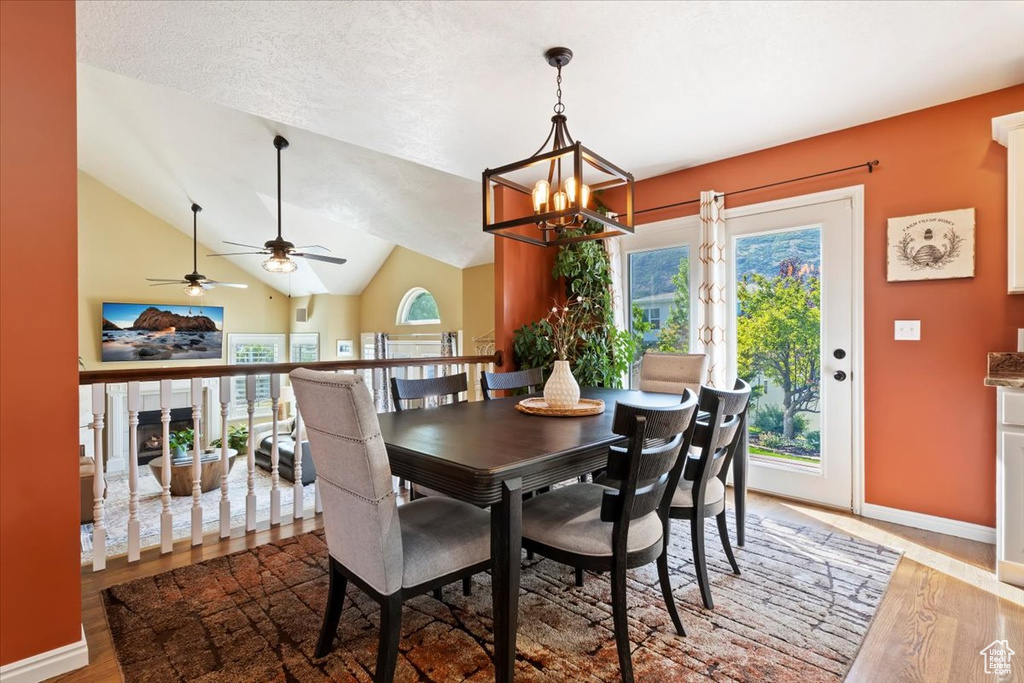 Dining room with light wood finished floors, plenty of natural light, a chandelier, lofted ceiling, and ceiling fan