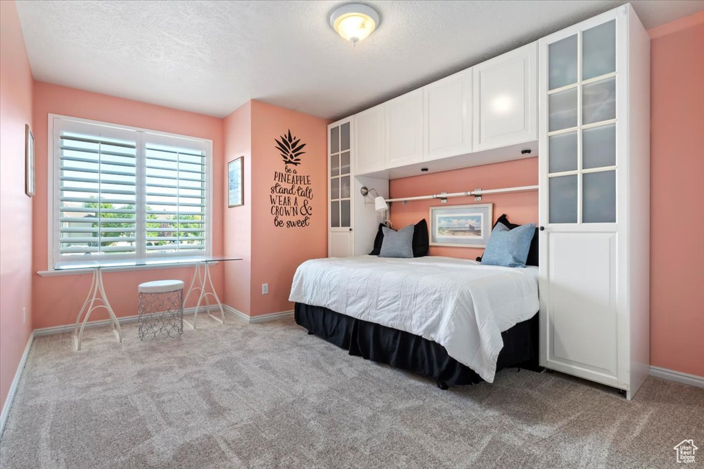 Carpeted bedroom featuring a textured ceiling