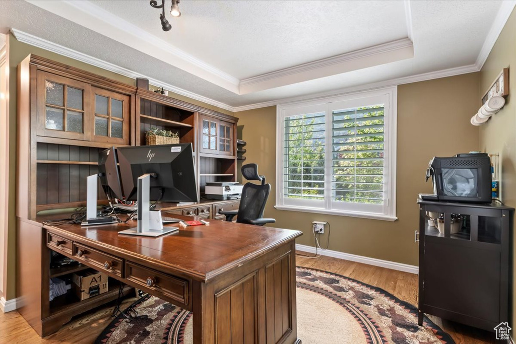 Office area featuring light wood-style flooring, a raised ceiling, and ornamental molding