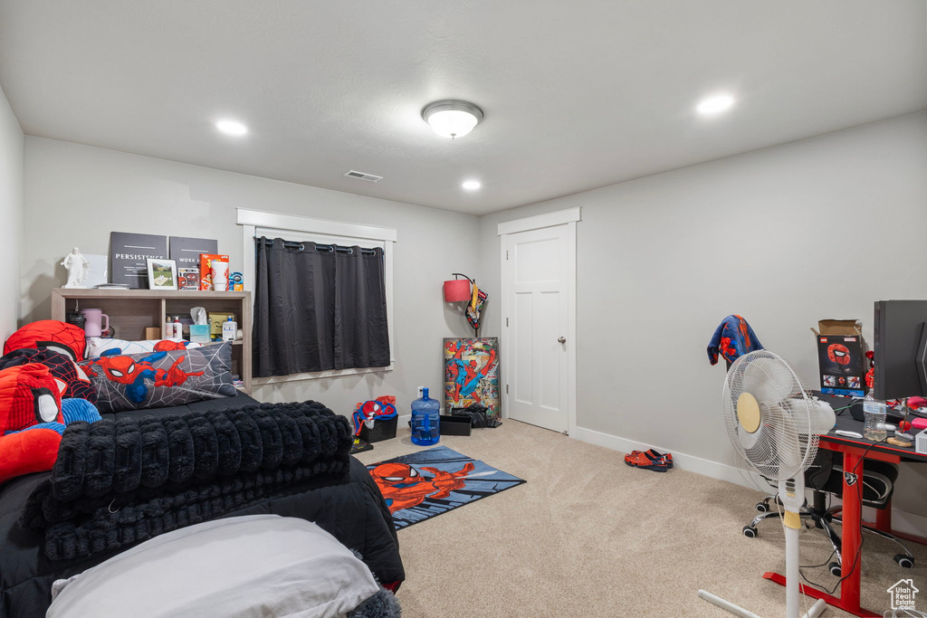Bedroom featuring carpet flooring and recessed lighting