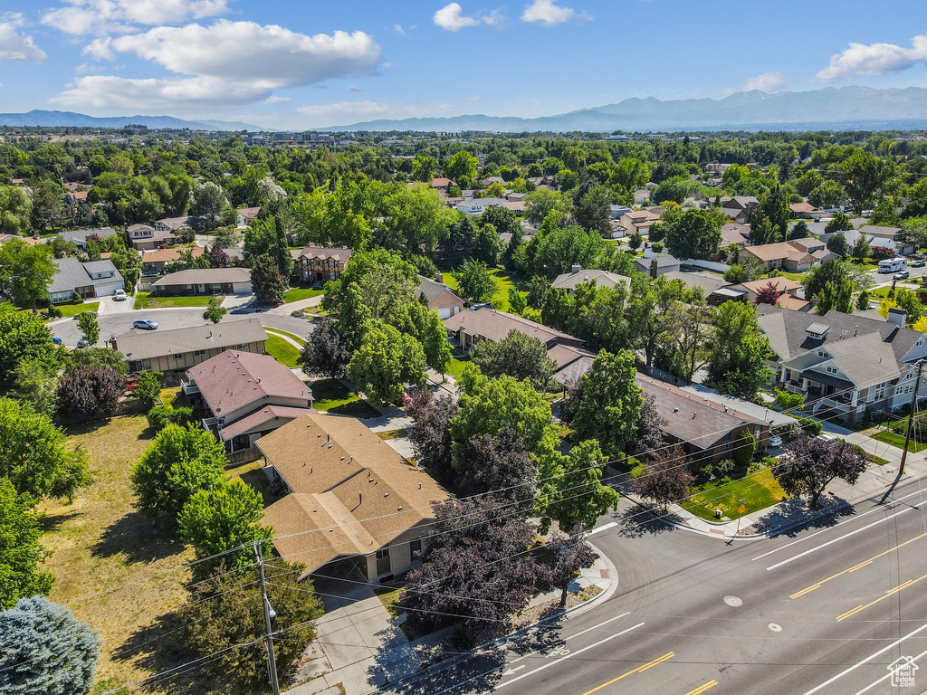 Aerial perspective of suburban area featuring mountains