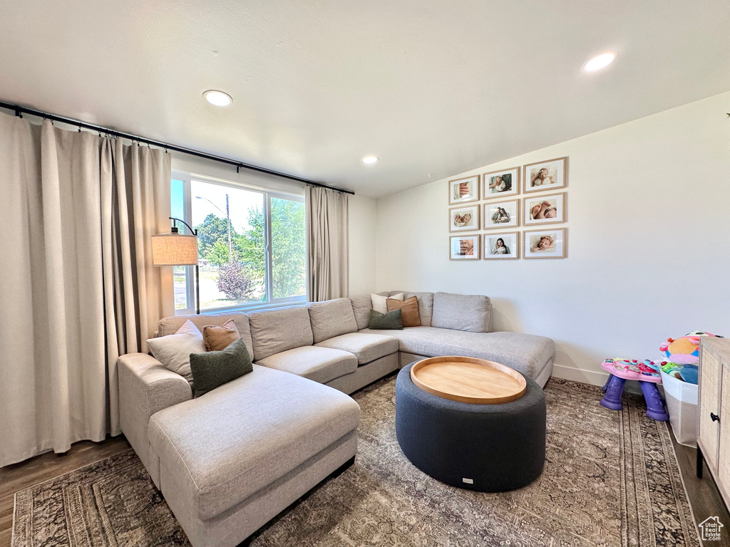Living area featuring wood finished floors and recessed lighting