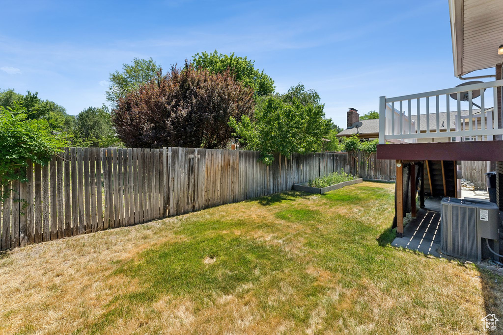 Fenced backyard with a garden and a wooden deck