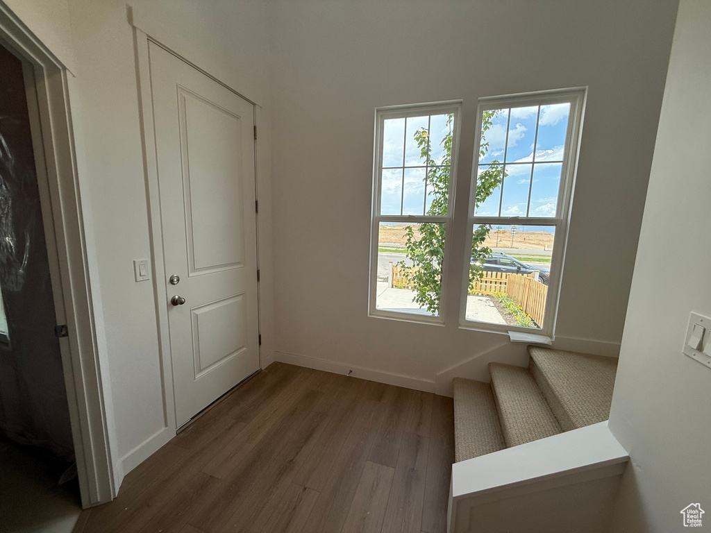 Entryway featuring wood finished floors, healthy amount of natural light, and stairway