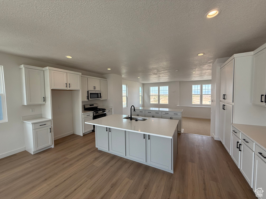 Kitchen with stainless steel appliances, wood finished floors, a center island with sink, recessed lighting, and a textured ceiling