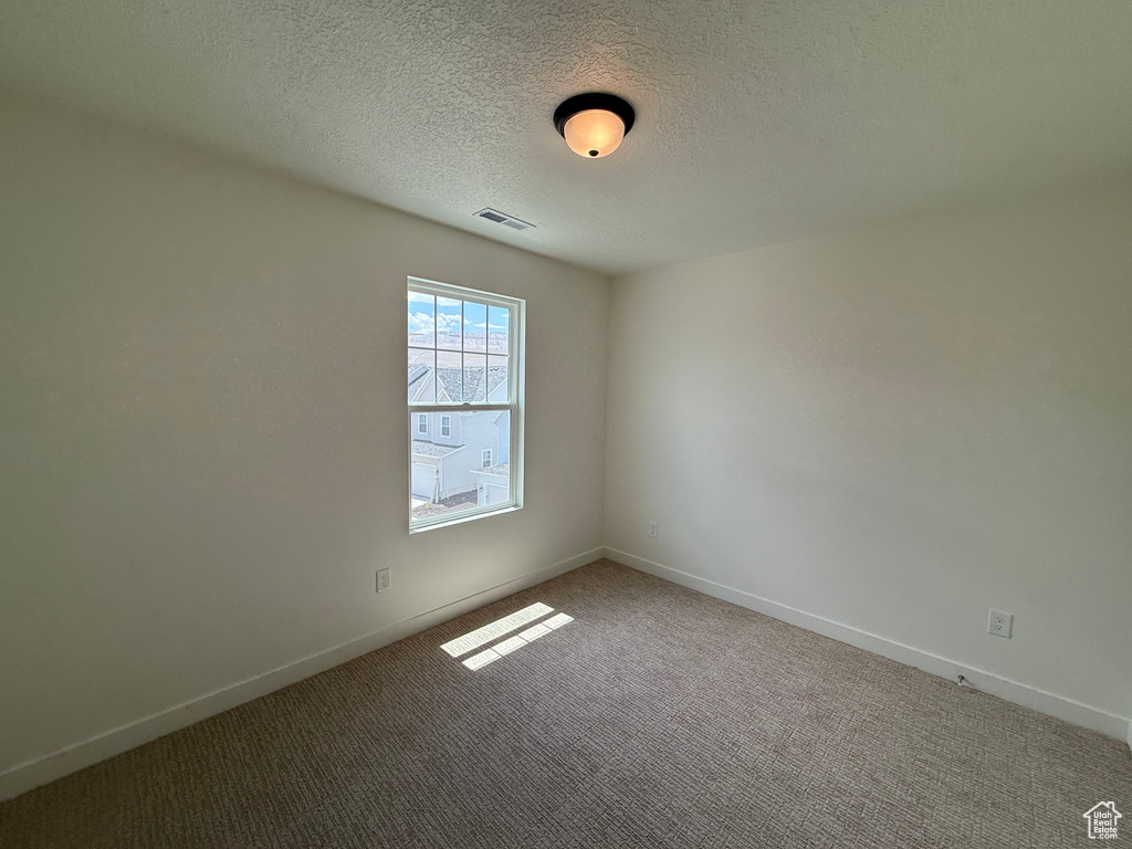 Carpeted spare room featuring baseboards and a textured ceiling