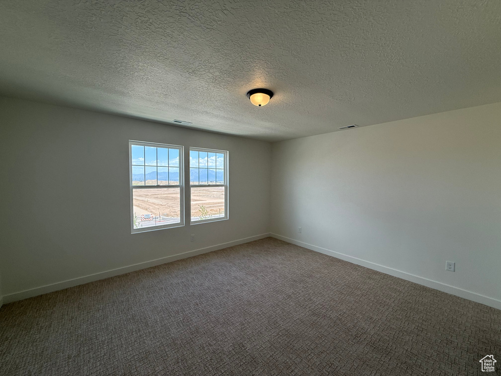 Carpeted empty room featuring baseboards and a textured ceiling