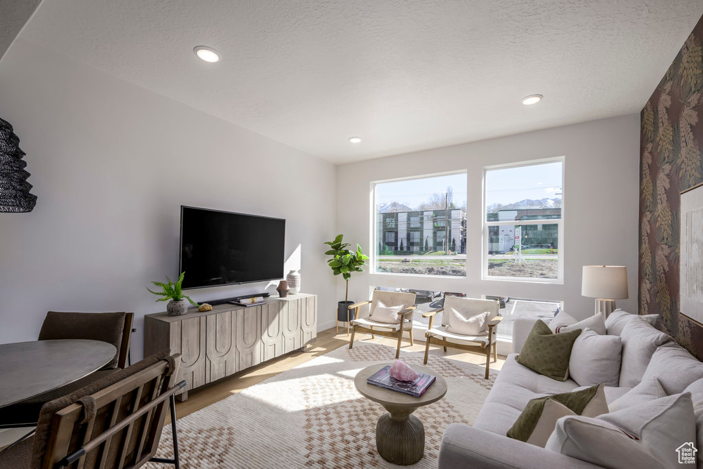 Living room featuring light wood finished floors and recessed lighting