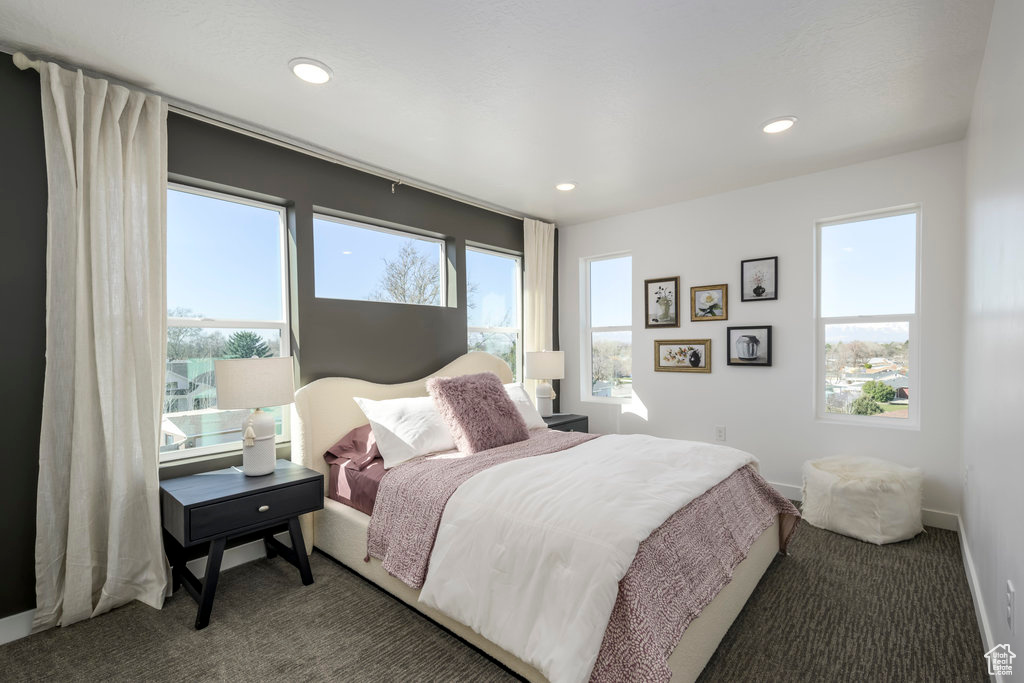 Bedroom with carpet flooring and recessed lighting