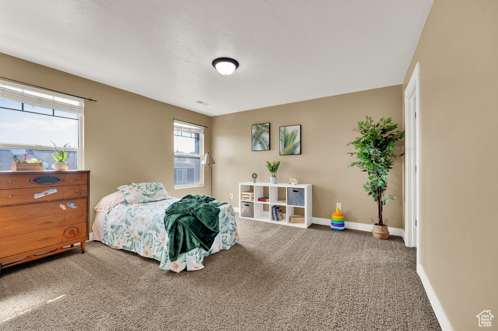 Bedroom with carpet floors and baseboards