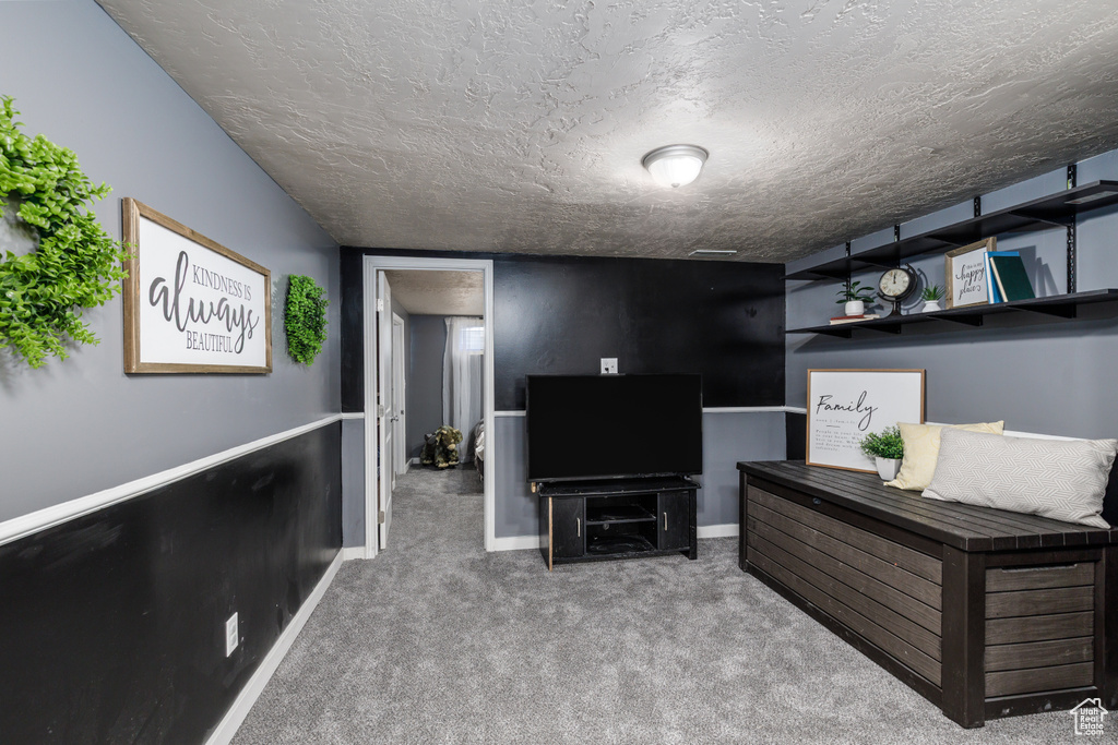 Carpeted living area featuring a textured ceiling