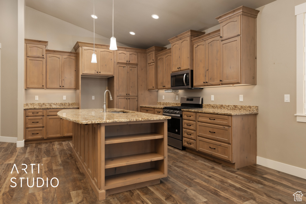 Kitchen featuring stainless steel appliances, open shelves, light stone counters, dark wood-type flooring, and recessed lighting