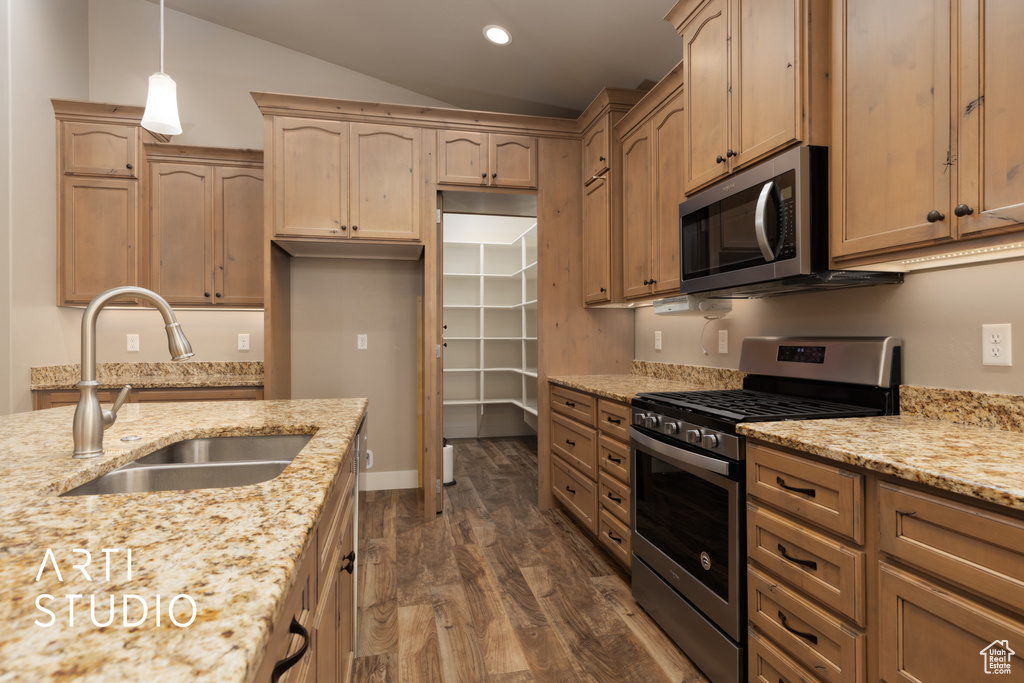 Kitchen with appliances with stainless steel finishes, dark wood-style floors, light stone counters, decorative light fixtures, and vaulted ceiling