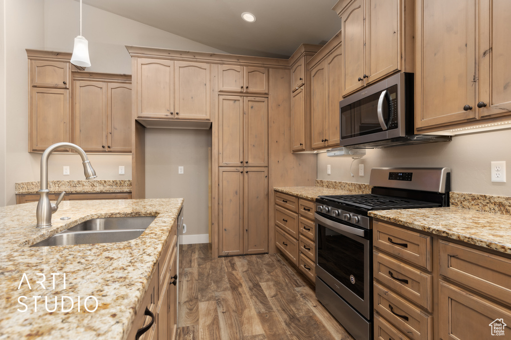 Kitchen with appliances with stainless steel finishes, dark wood finished floors, light stone counters, light brown cabinets, and pendant lighting