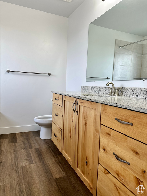 Bathroom with wood finished floors, vanity, and a shower