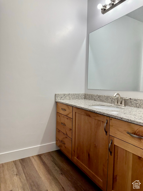 Bathroom with wood finished floors and vanity