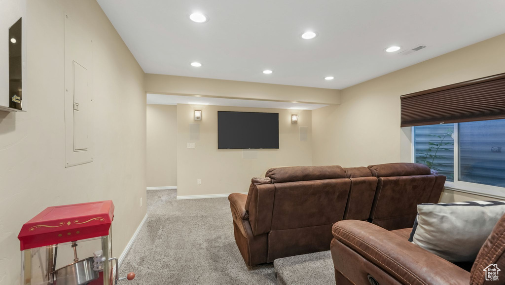 Cinema featuring carpet floors and recessed lighting