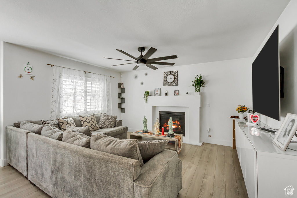 Living area with a ceiling fan, a glass covered fireplace, and light wood finished floors