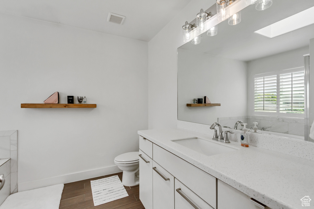 Bathroom featuring vanity, wood finished floors, and a skylight