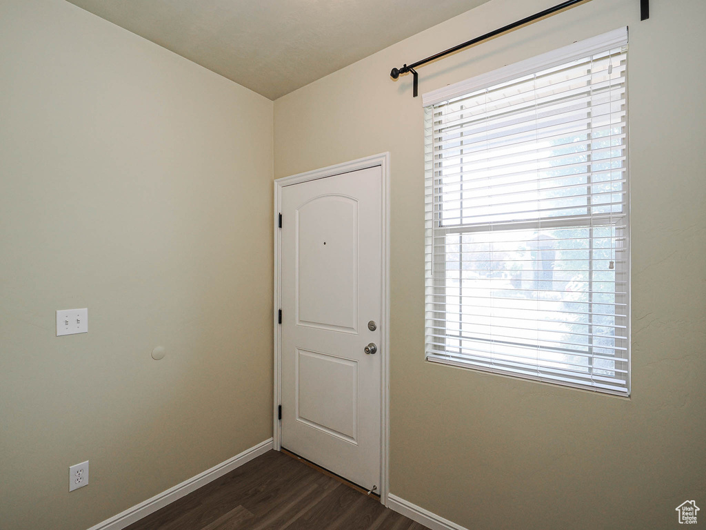 Doorway with dark wood-style floors and plenty of natural light