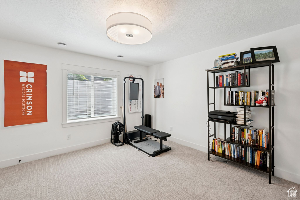 Workout room featuring carpet and a textured ceiling