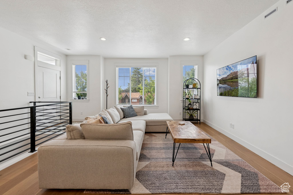 Living area featuring wood finished floors and recessed lighting