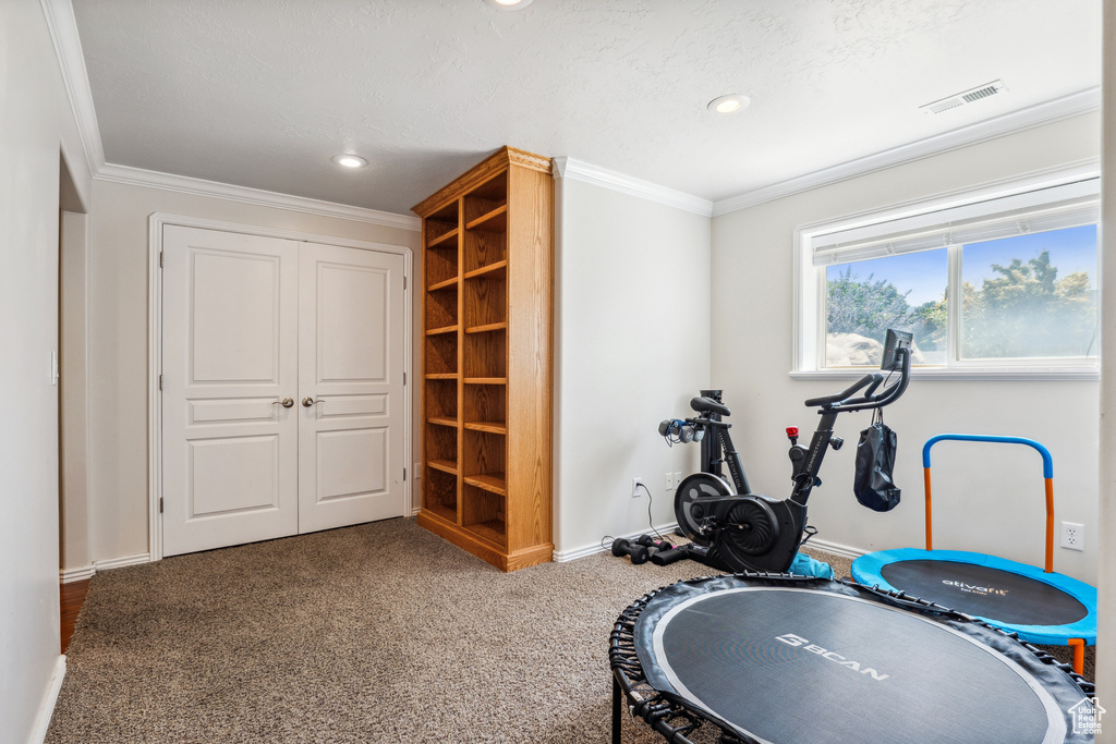 Workout area with crown molding, recessed lighting, and carpet floors