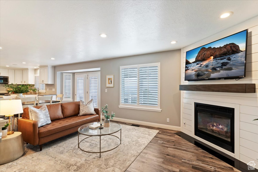 Living area featuring recessed lighting, wood finished floors, and a fireplace
