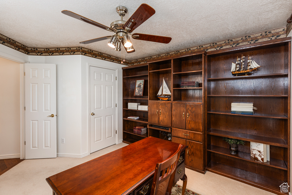 Carpeted office space with ceiling fan and a textured ceiling