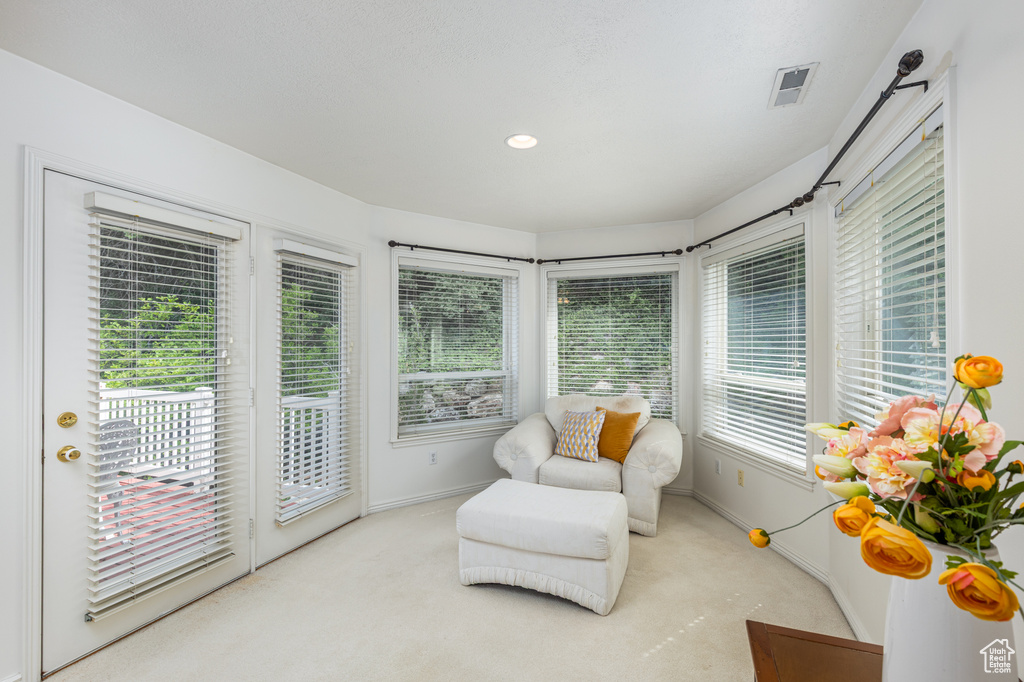 Sitting room with carpet flooring and recessed lighting