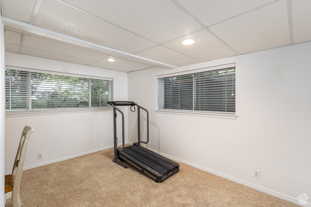 Exercise area with recessed lighting and carpet floors