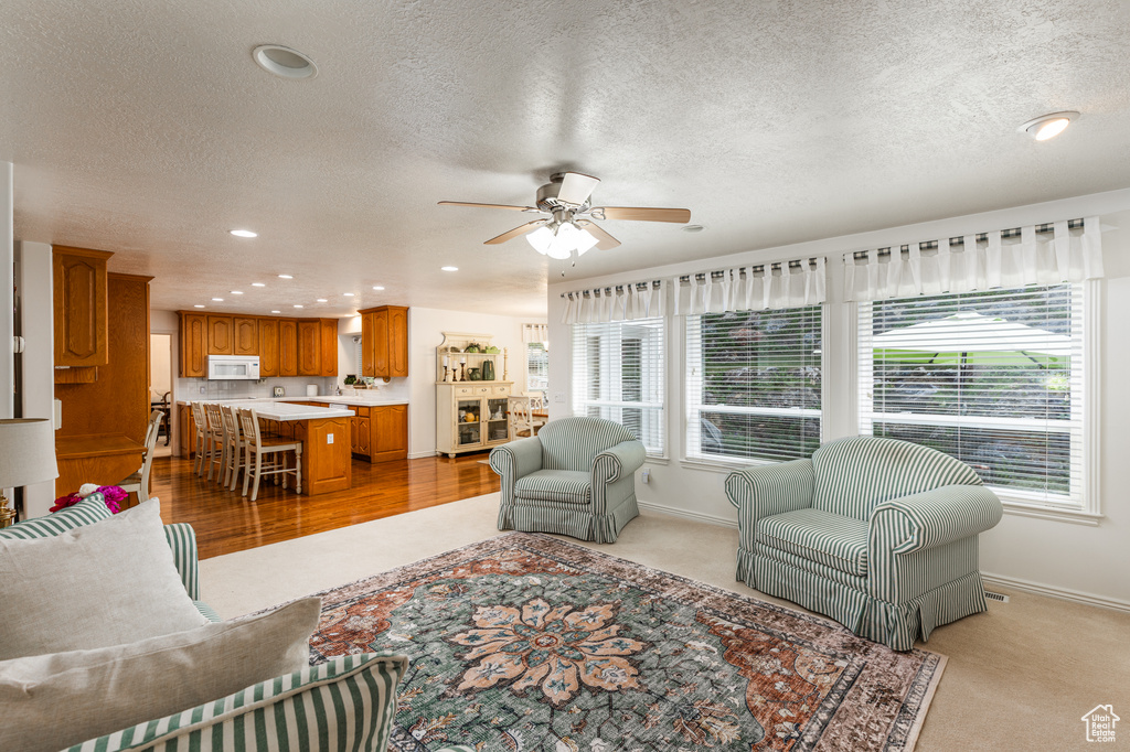 Living room featuring plenty of natural light, a textured ceiling, ceiling fan, recessed lighting, and light colored carpet