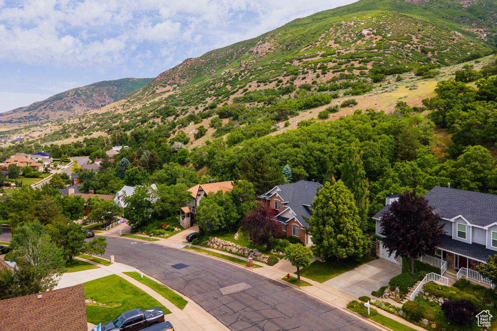 Aerial perspective of suburban area with mountains