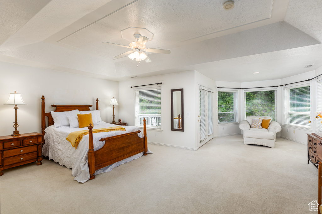 Carpeted bedroom with a raised ceiling, multiple windows, a ceiling fan, and a textured ceiling