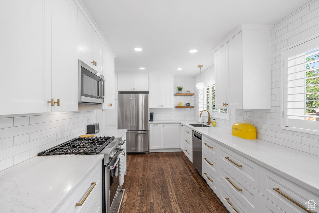 Kitchen featuring stainless steel appliances, healthy amount of natural light, backsplash, dark wood-type flooring, and recessed lighting