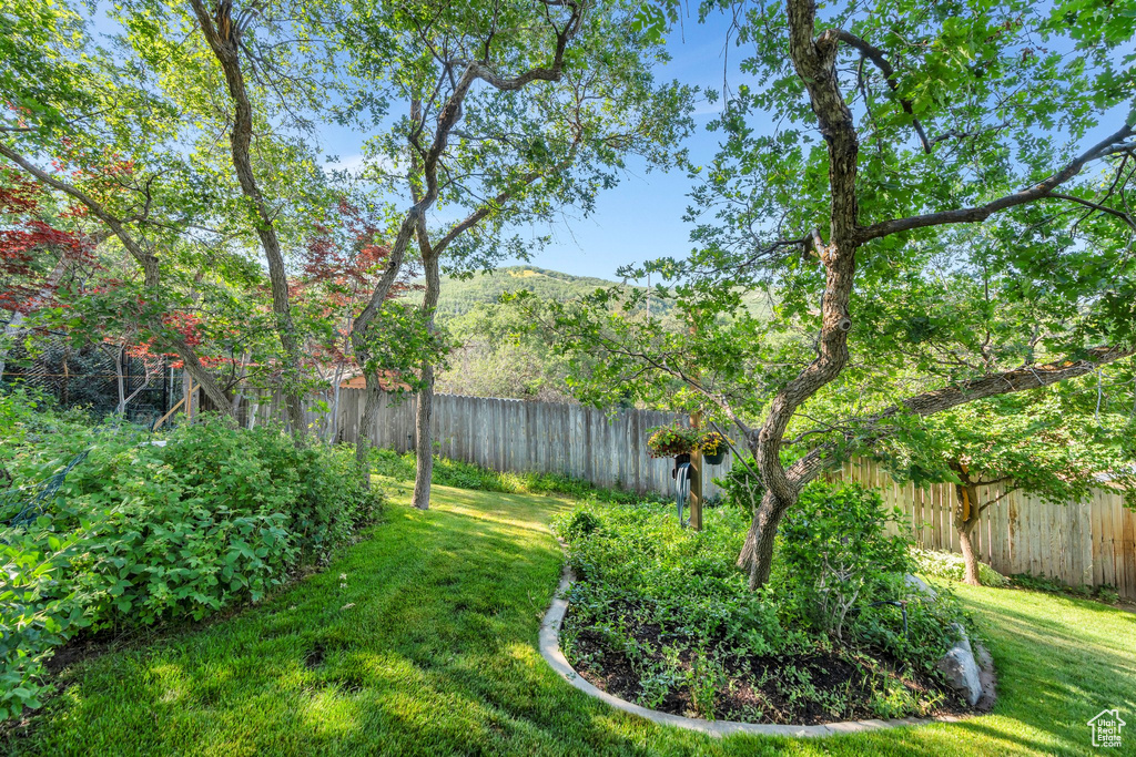 Fenced backyard featuring a mountain view
