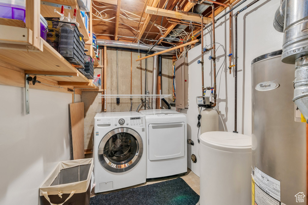 Laundry area featuring washing machine and dryer and water heater
