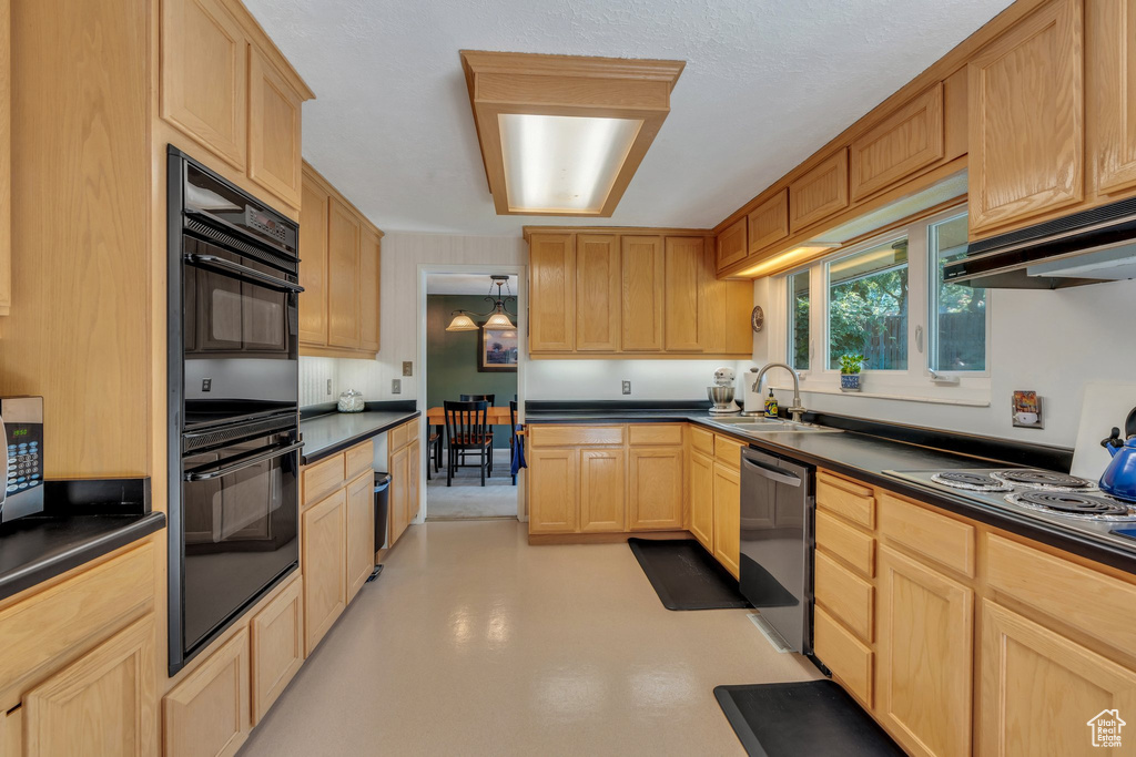 Kitchen with light brown cabinetry, stainless steel dishwasher, dark countertops, under cabinet range hood, and electric stovetop