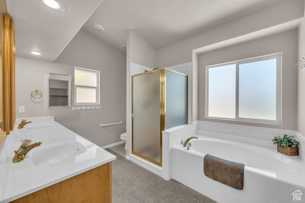 Bathroom featuring a garden tub, a stall shower, double vanity, plenty of natural light, and recessed lighting