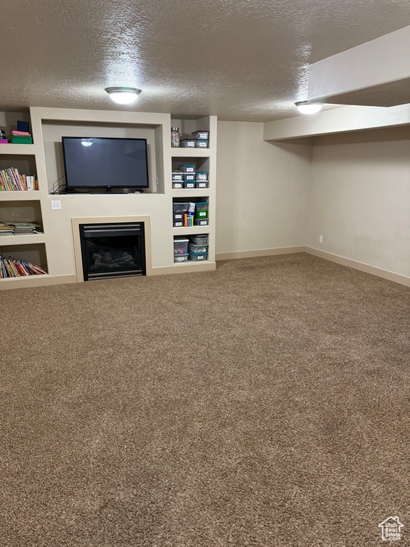 Finished below grade area featuring a textured ceiling, a fireplace, carpet floors, and built in shelves