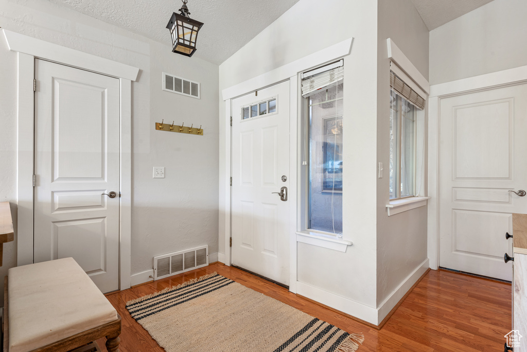 Entryway with light wood-style floors and baseboards
