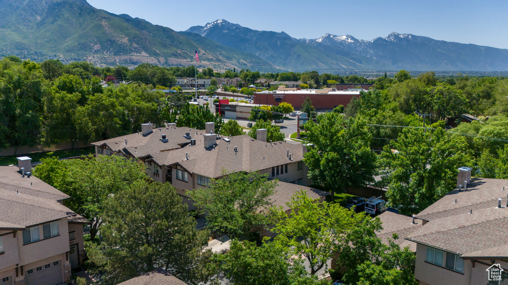 Aerial perspective of suburban area featuring a mountainous background