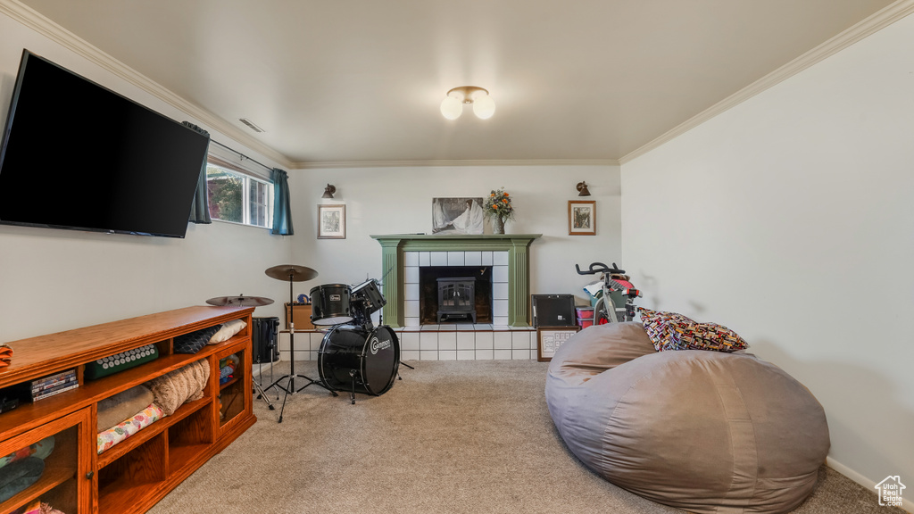 Carpeted living area featuring crown molding and a wood stove