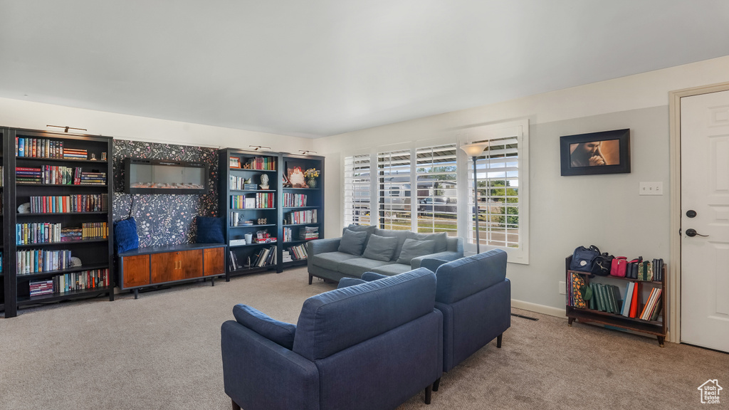 Living room featuring carpet floors and baseboards